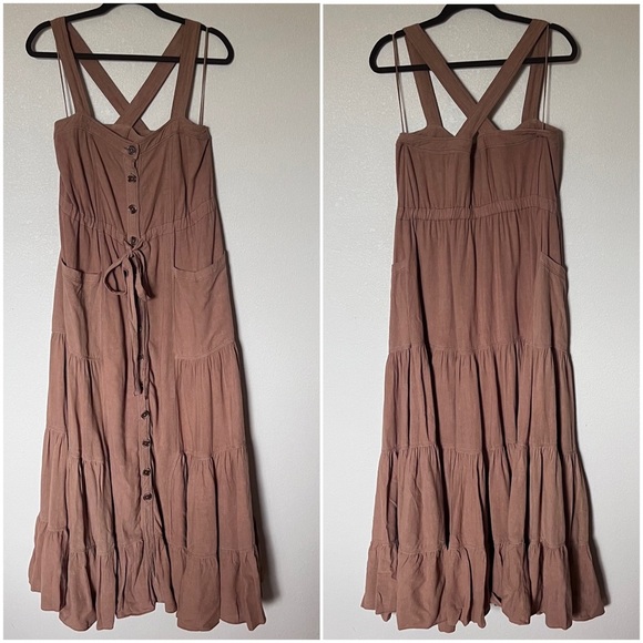 Free People Catch The Breeze Button Tiered Midi Dress Amber Wave Neutral Tan S - Picture 4 of 15